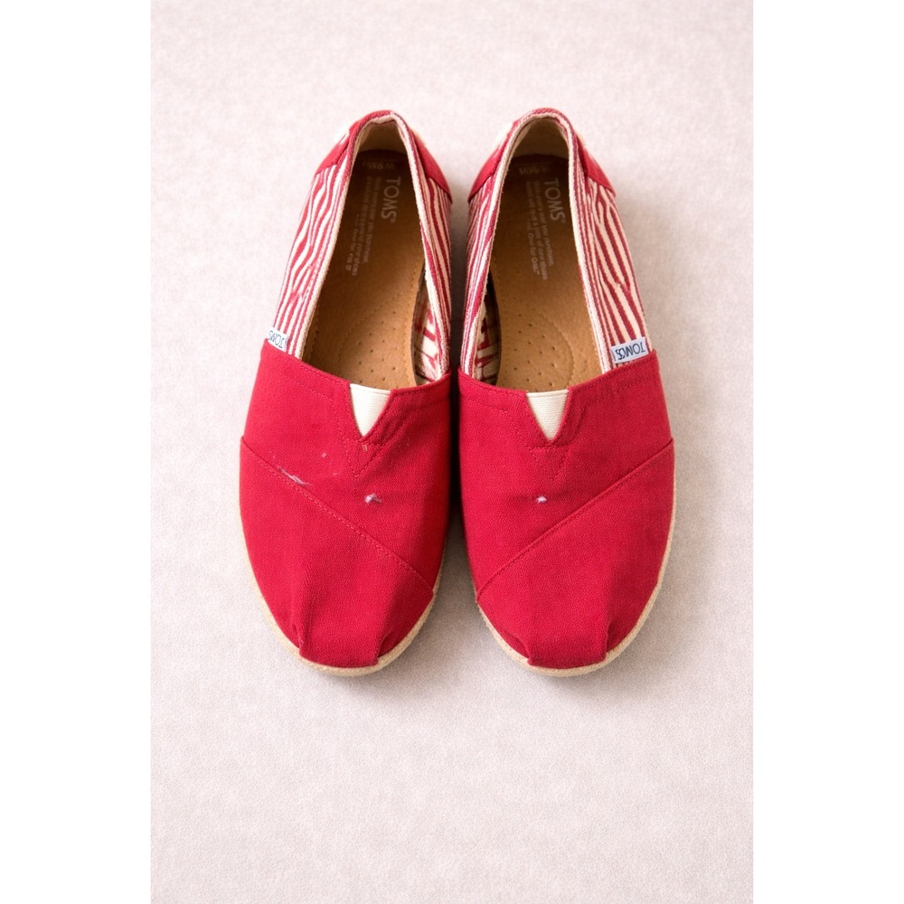 TOMS Womens Alpargata‎ Red Canvas Striped Slip On Espadrille Flats Size 9.5